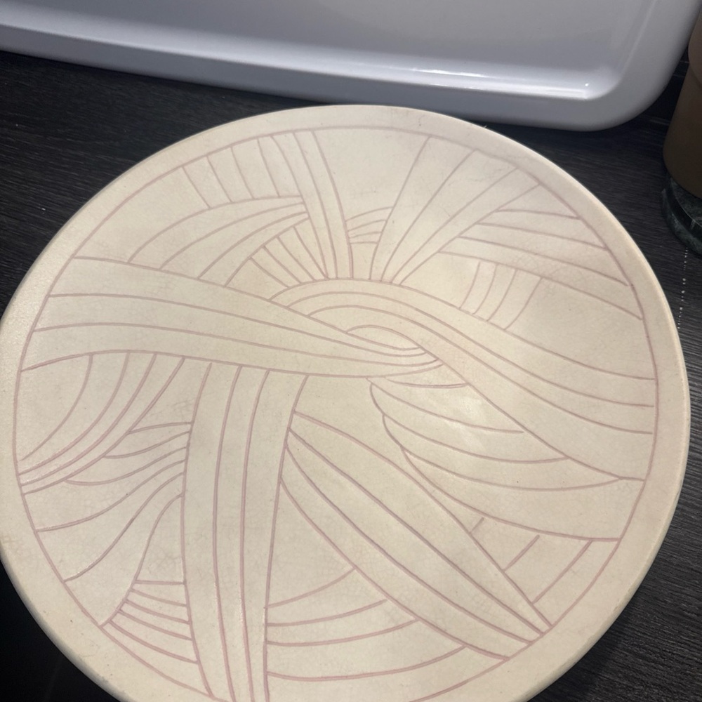 Ceramic Wall Plate with Subtle Pink Linear Motif